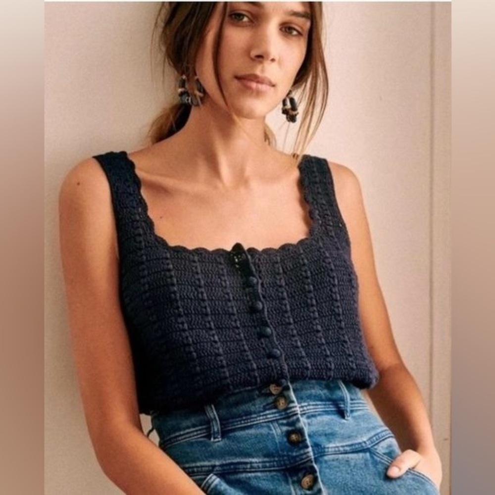 Sezane Zelie Crochet Knit Front Button Top in Navy
